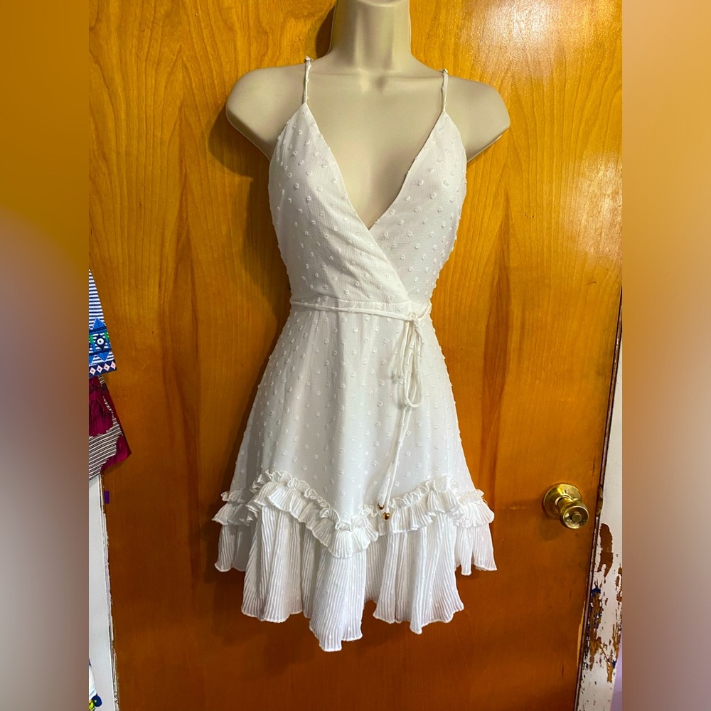 White Sleeveless Wrap Sundress with Ruffle Hem